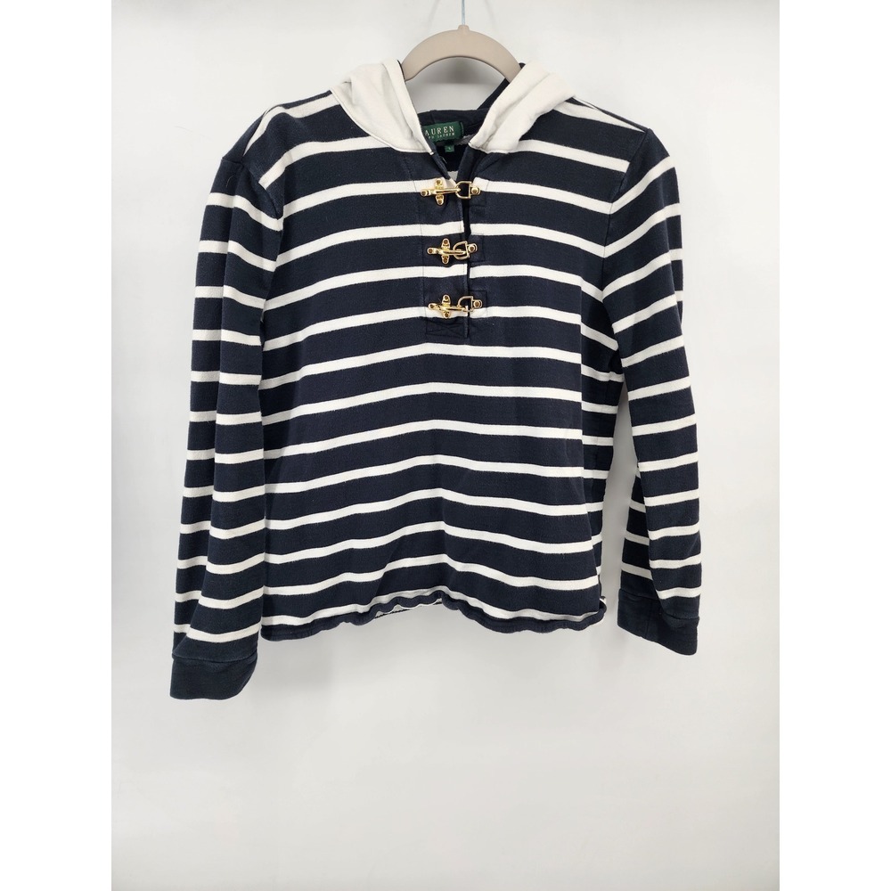 Lauren Ralph Lauren Navy White Striped Toggle Hoodie Sweatshirt Womens Large
